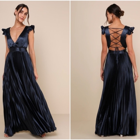 LULU's Sexy Chic Prom Wedding Bridesmaid Satin Ruffle Lace Up Back Maxi Dress - Picture 1 of 4